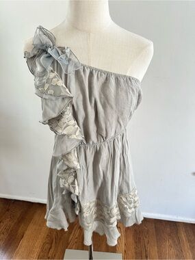 mine Soft Sage Green One Shoulder Ruffle Lace Mini Dress Boho Romantic M